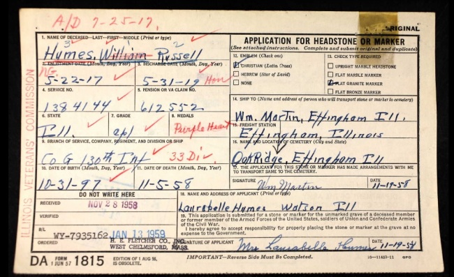 Russell Humes' Burial Card