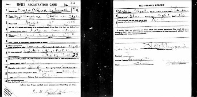 WWI Draft Card  Evald A. Johnson