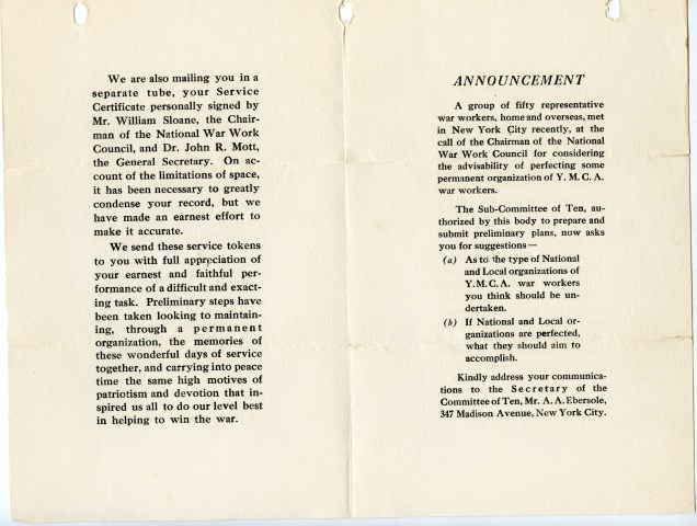 YMCA War Service Pin Card Interior