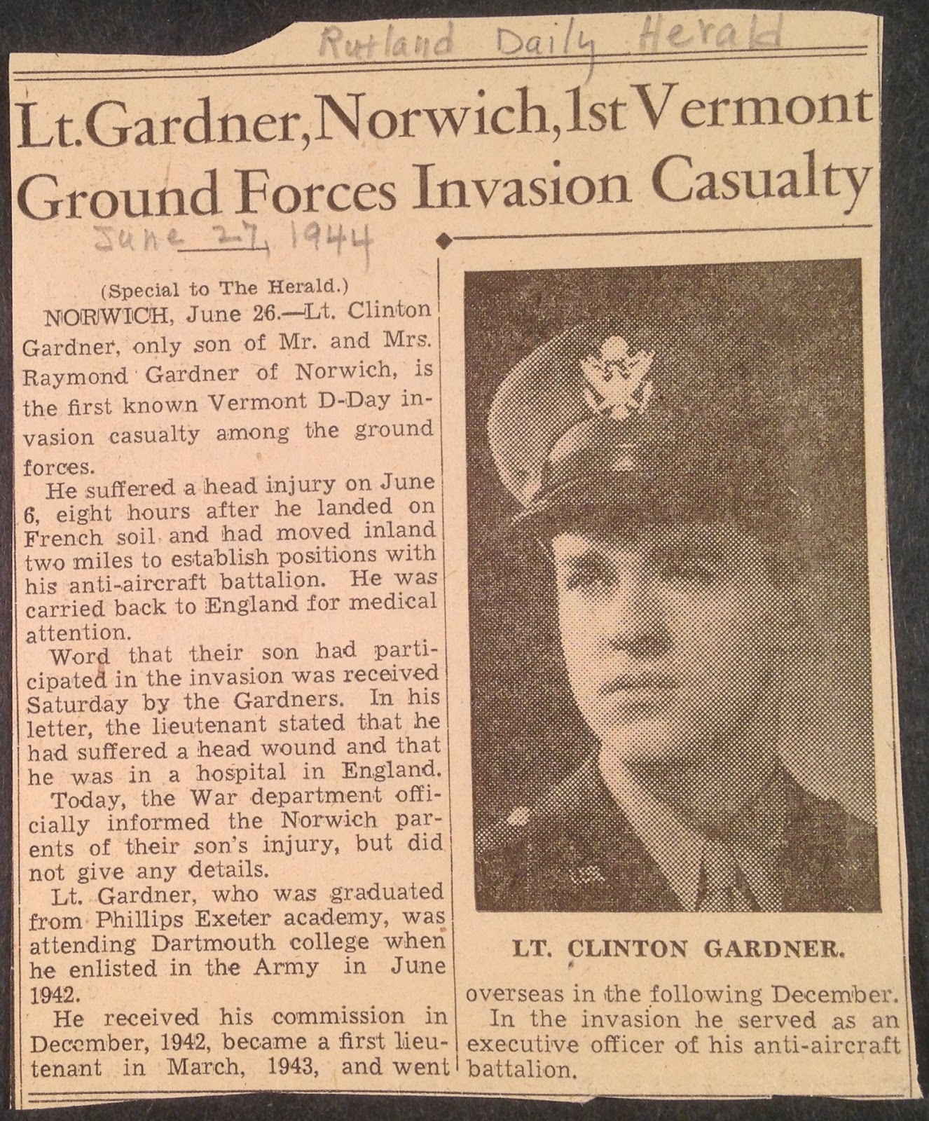 ClintGardner-newspaper-clipping-Rutland-Herald-VT-June-27-1944